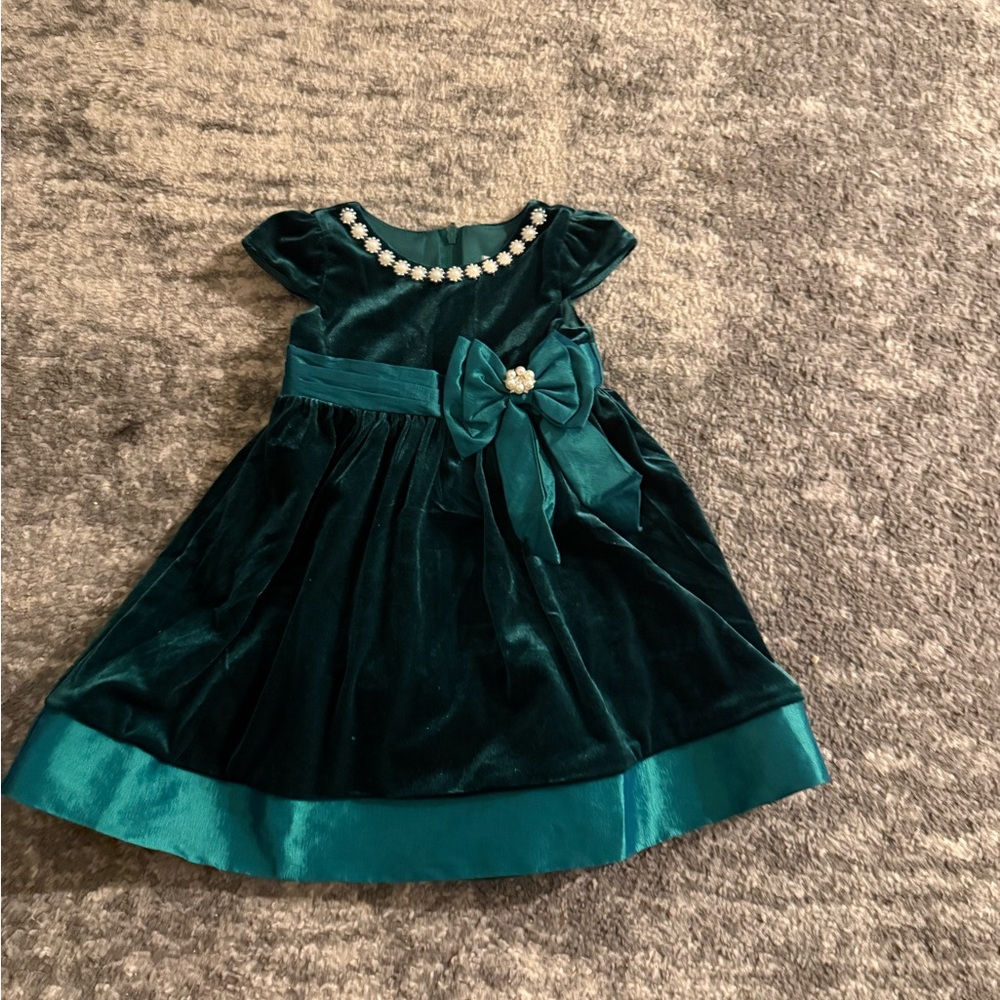 Rare Editions Teal Velvet Kids Dress with Pearl Accents For Holidays
